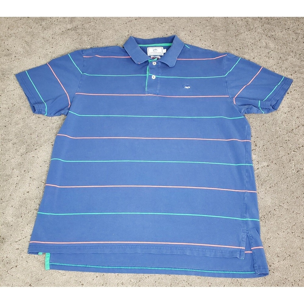 Southern Tide Polo Shirt Mens L Blue Skipjack Striped Short Sleeve Pima Cotton